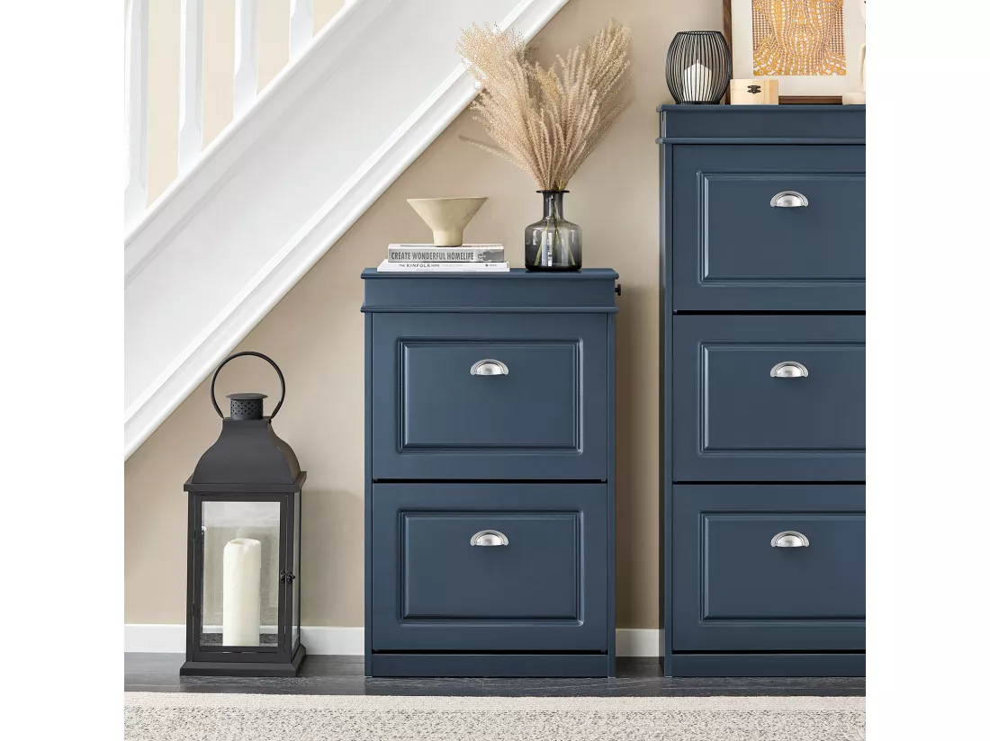 SoBuy Meuble Chaussure, Rangement Chaussure, Meuble d'Entrée, Meuble de Rangement à Chaussures Armoire, Commode à Chaussures avec 2 Abattants, 1 Tiroir et 1Crochet, L55xP24xH83 cm, Bleu, FSR78-B