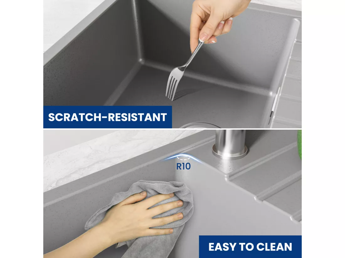 Cecipa MAX Evier à Encastrer 1 Bac avec Egouttoir, Quartz et Résine, Gris 65x45cm Evier 1 Bac en Quartz Evier de Cuisine en Granit