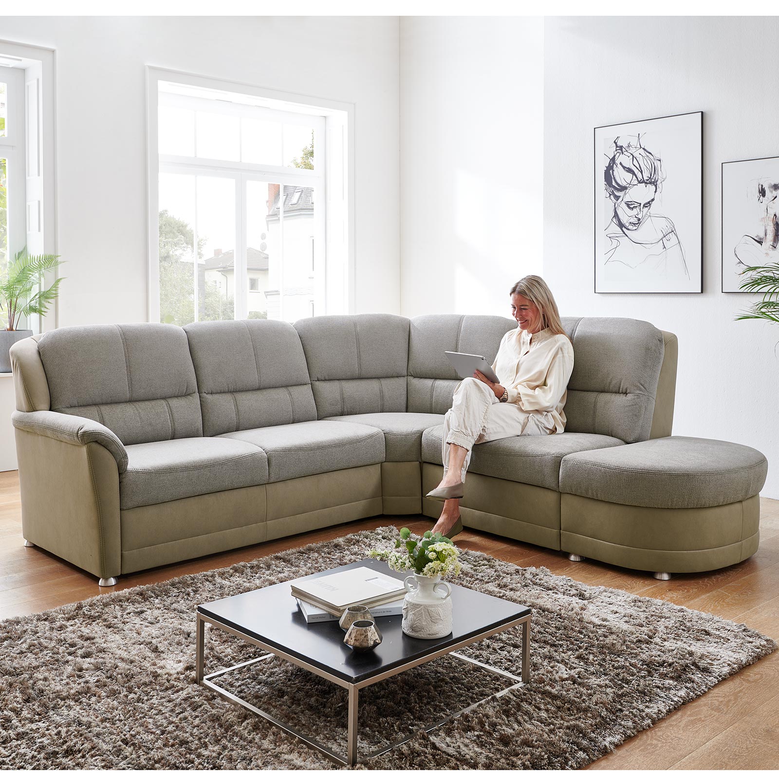 polsterpower Ecksofa - mandel-stone - Basismodell - Anstellhocker rechts