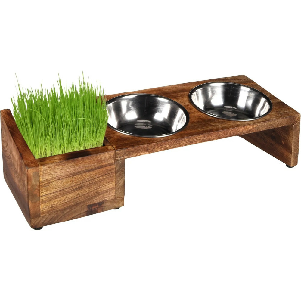 Gamelles avec support bois et bac pour herbe à chat, 42 cm, pour chat