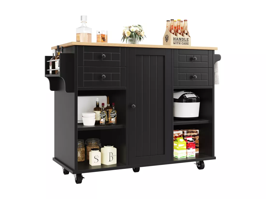 Ilot central de cuisine mobile avec 1 porte et 4 tiroirs - 111x46x91.5 cm - Bois MDF - Noir et naturel