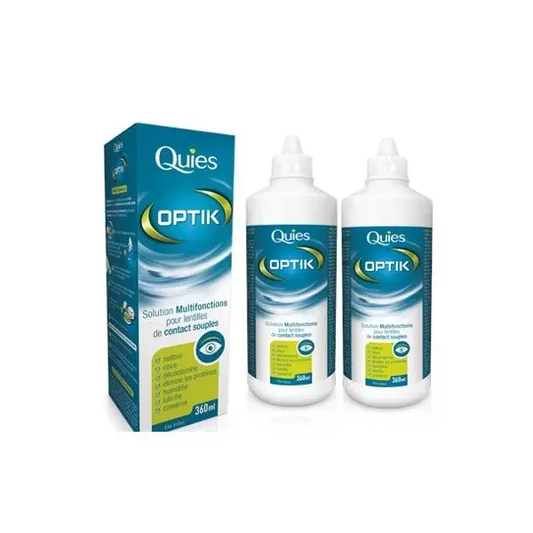 Solução multifuncional Quies Optik para lentes de contato gelatinosas, embalagem com 2 frascos de 360ml