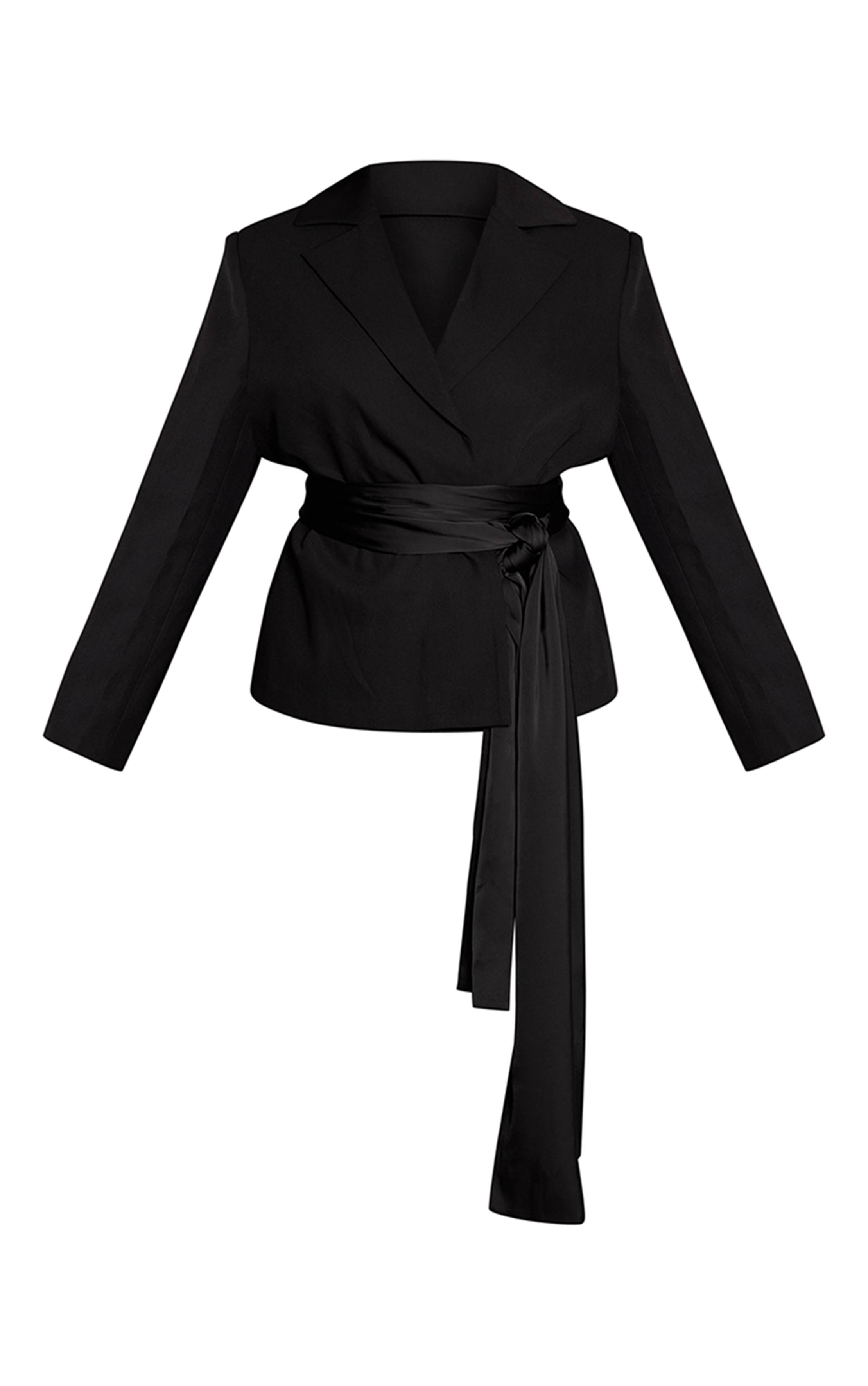 Noir Blazer Ceinturé Oversize En Satin Tissé Grande Taille Ensemble Coordonné