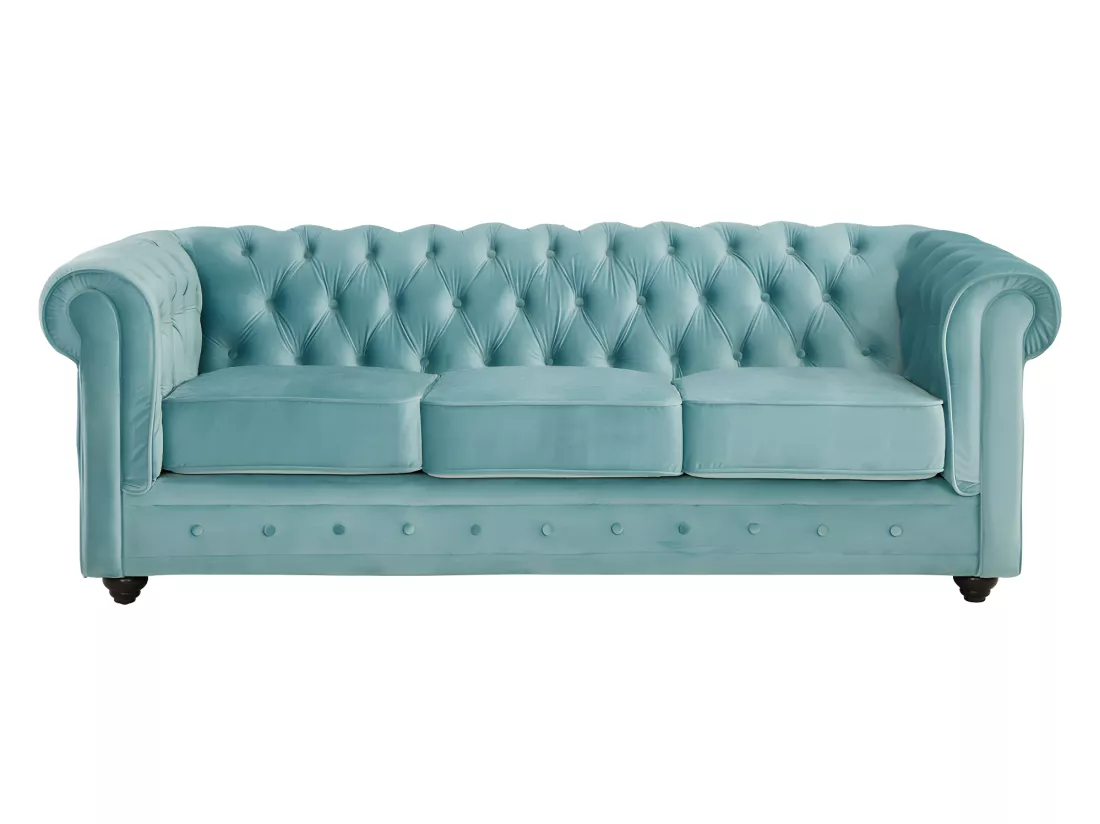 Canapés 3 places et 2 places en velours bleu pastel CHESTERFIELD