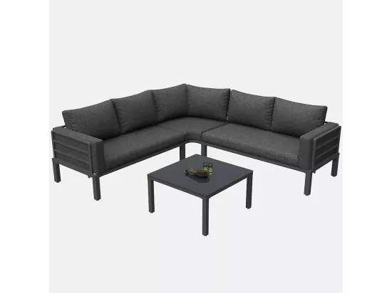 Salon de jardin (4-5 places), 1 table basse en verre trempé, structure en fer galvanisé, coussins d'assise et coussins gris, avec pieds réglables