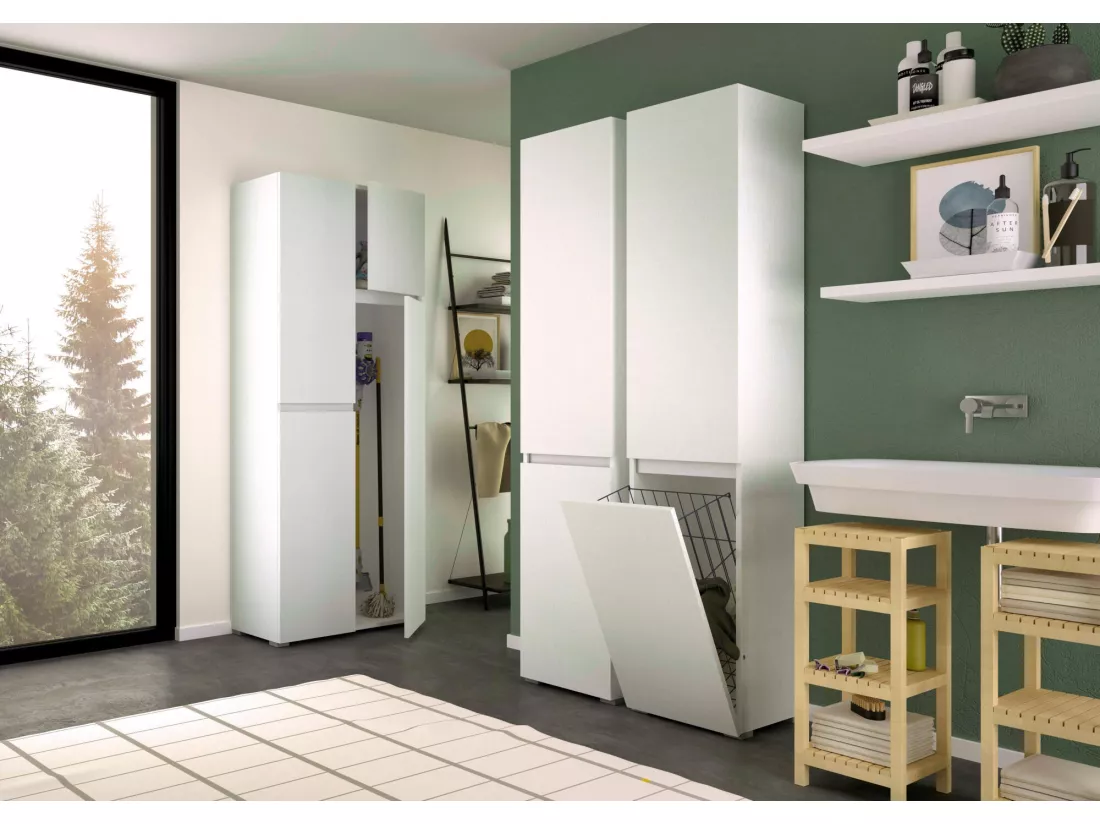 Dasteggian armoire polyvalente 2 portes, buanderie 2 portes, colonne de salle de bain avec panier à linge, 100% Made in Italy, 45x37h195 cm, Blanc