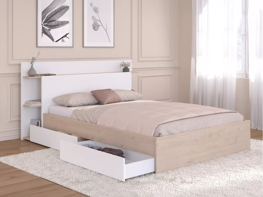 Lit 140 x 190/200 cm avec 4 tiroirs - Coloris : Naturel et blanc + Sommier + Matelas - TILONIDE