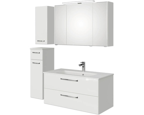 Pelipal Kumba badkamermeubelset (B x H x D): 137 x 200 x 50 cm, witte glanzende fronten, 5-delige set inclusief witte mineraalstenen wastafel, badmeubel en wandkast (99.1070126094)