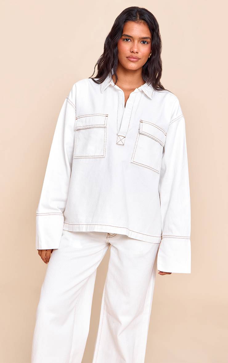 Blanc Chemise En Jean Oversize Avec Détail De Poches