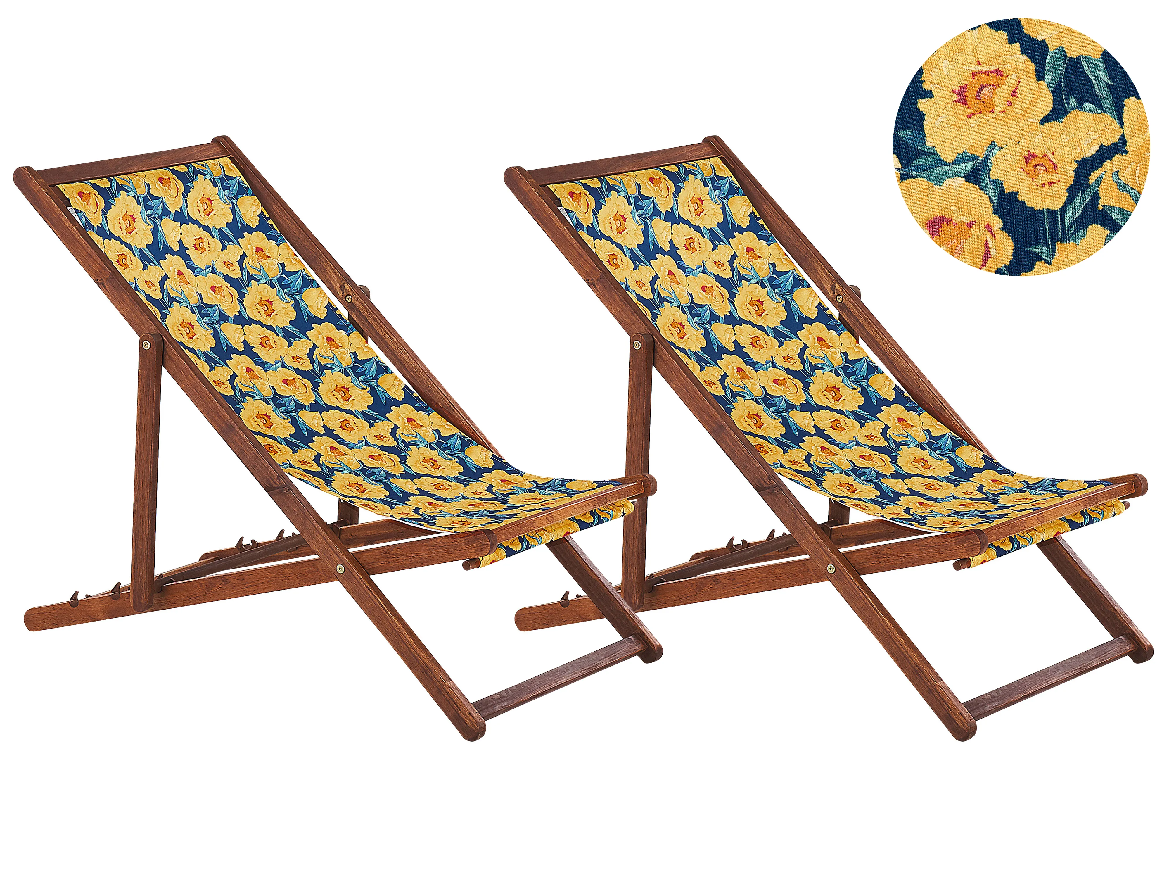 Set van 2 inklapbare ligstoelen ANZIO met vervangingshoezen Bloemen motief Acaciahout Donkerbruin