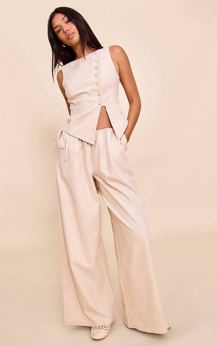 Naturel Gilet Asymétrique Boutonné En Mélange De Lin Premium