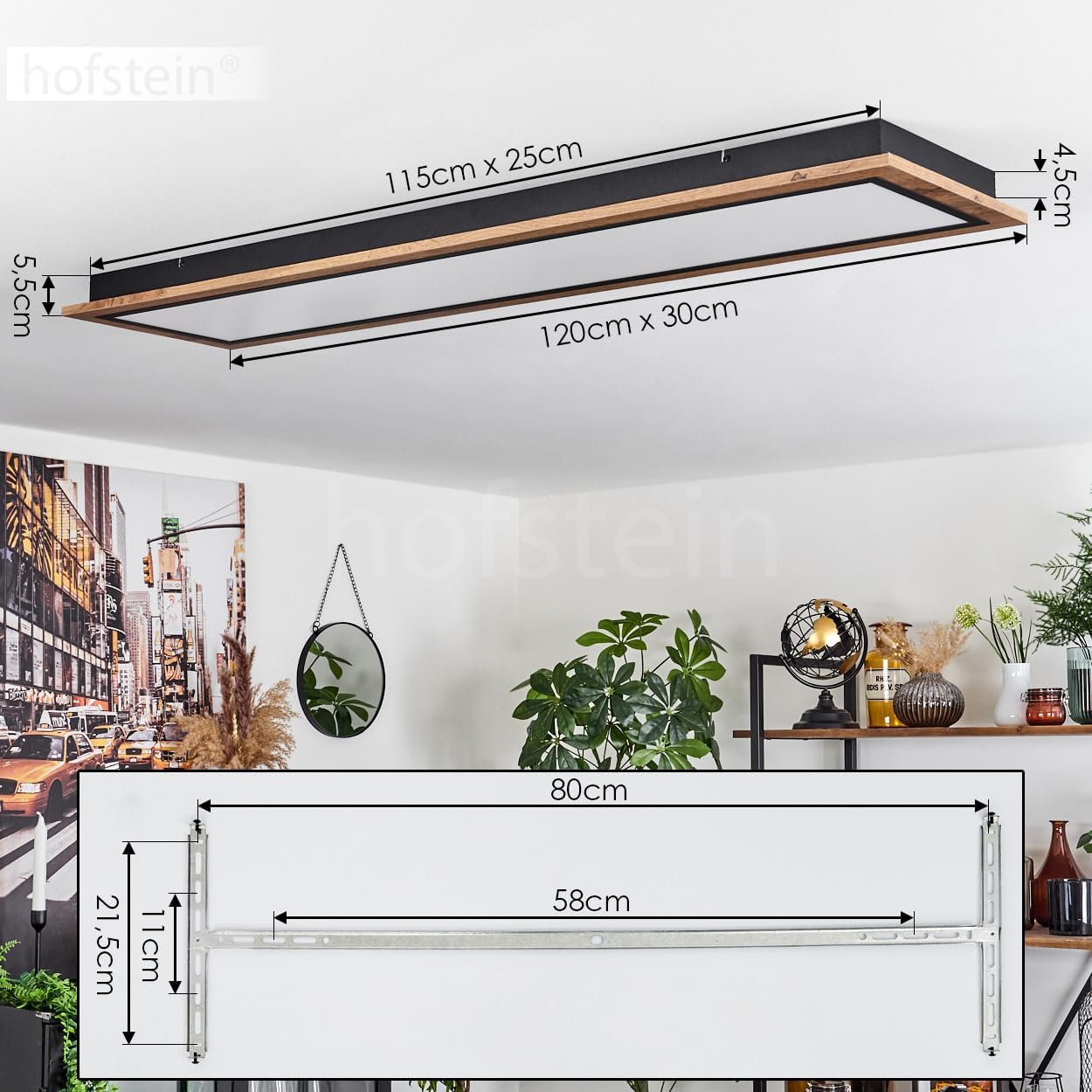 LED Deckenleuchte Salmi, moderne Deckenlampe aus Metall/MDF/Kunststoff in Schwarz/Holzoptik/Braun/Weiß, rechteckige Leuchte (120 cm x 30 cm), 4000 Lumen, 3000 Kelvin, LED 36 Watt