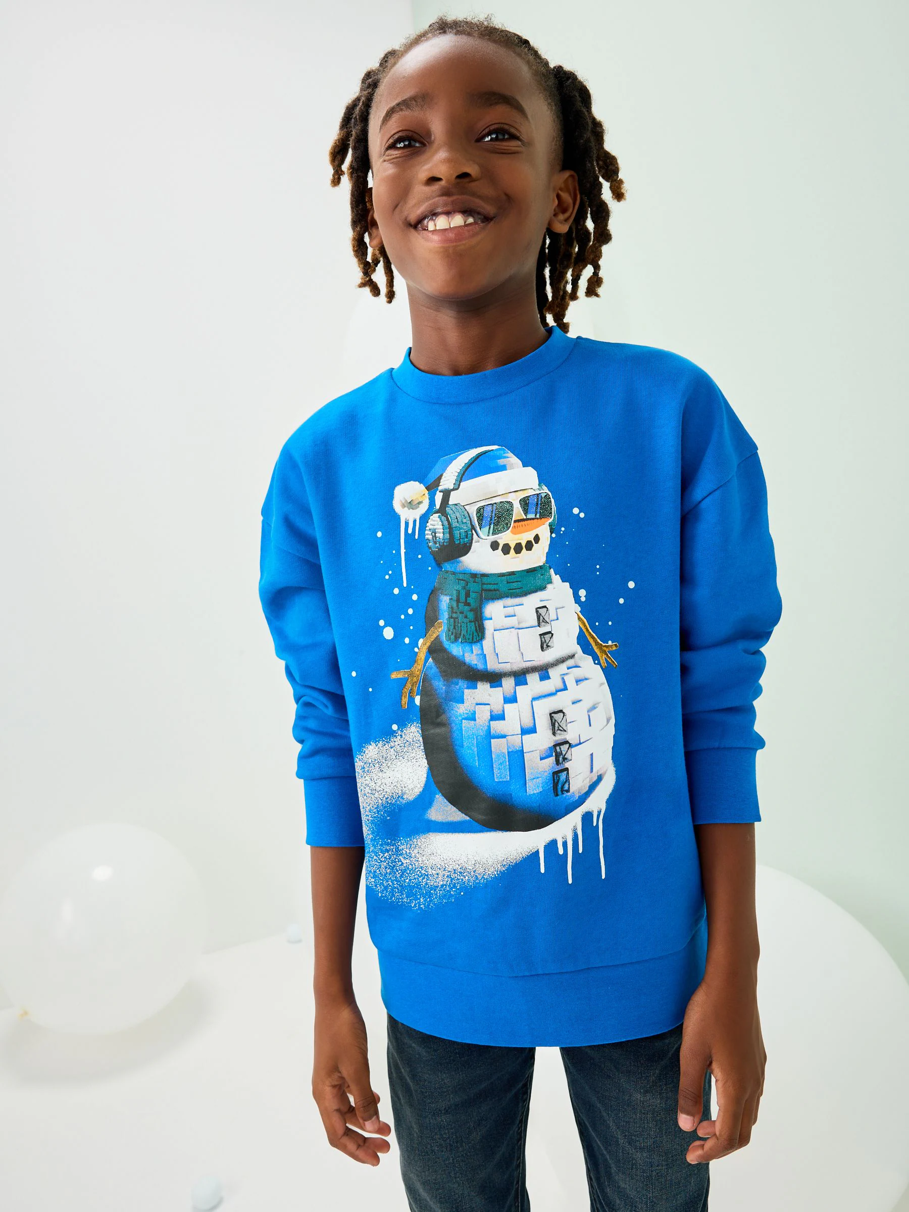 Blauw - Sweatshirt met pailletten en kerstmanprint met ronde hals (3-16jr)