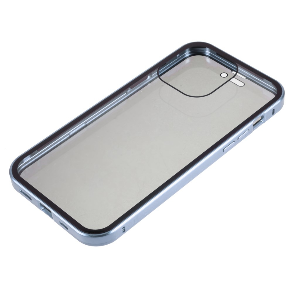 iPhone 14 Pro Magnetische Alu Schutzhülle mit Panzer Glas Backcover   Privacy Glas Displayschutz (Magnet-Technologie) - Hellblau