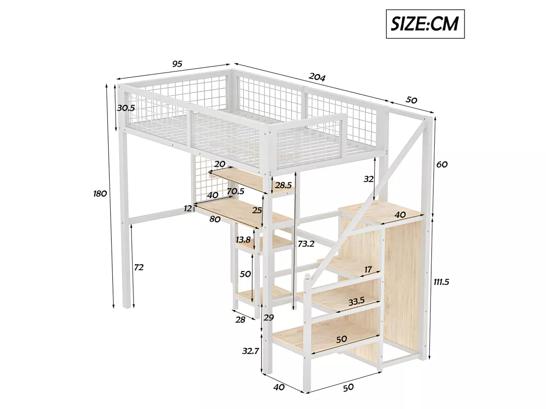 Lit mezzanine - moire avec étagères - 90 x 200 cm - Blanc - Sweiko