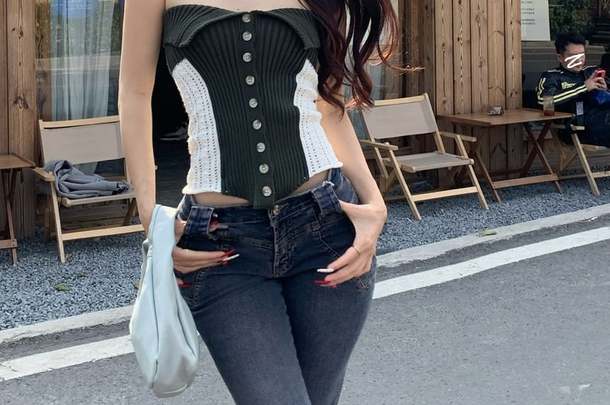 Metonymph - Strapless tweekleurige tubetop met knoopjes