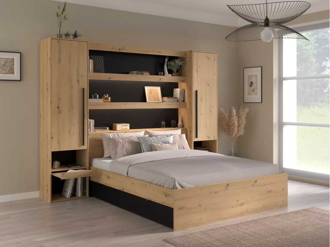 Lit pont 160 x 200 cm avec rangements - Avec LEDs - Coloris : Naturel et noir - VARLY