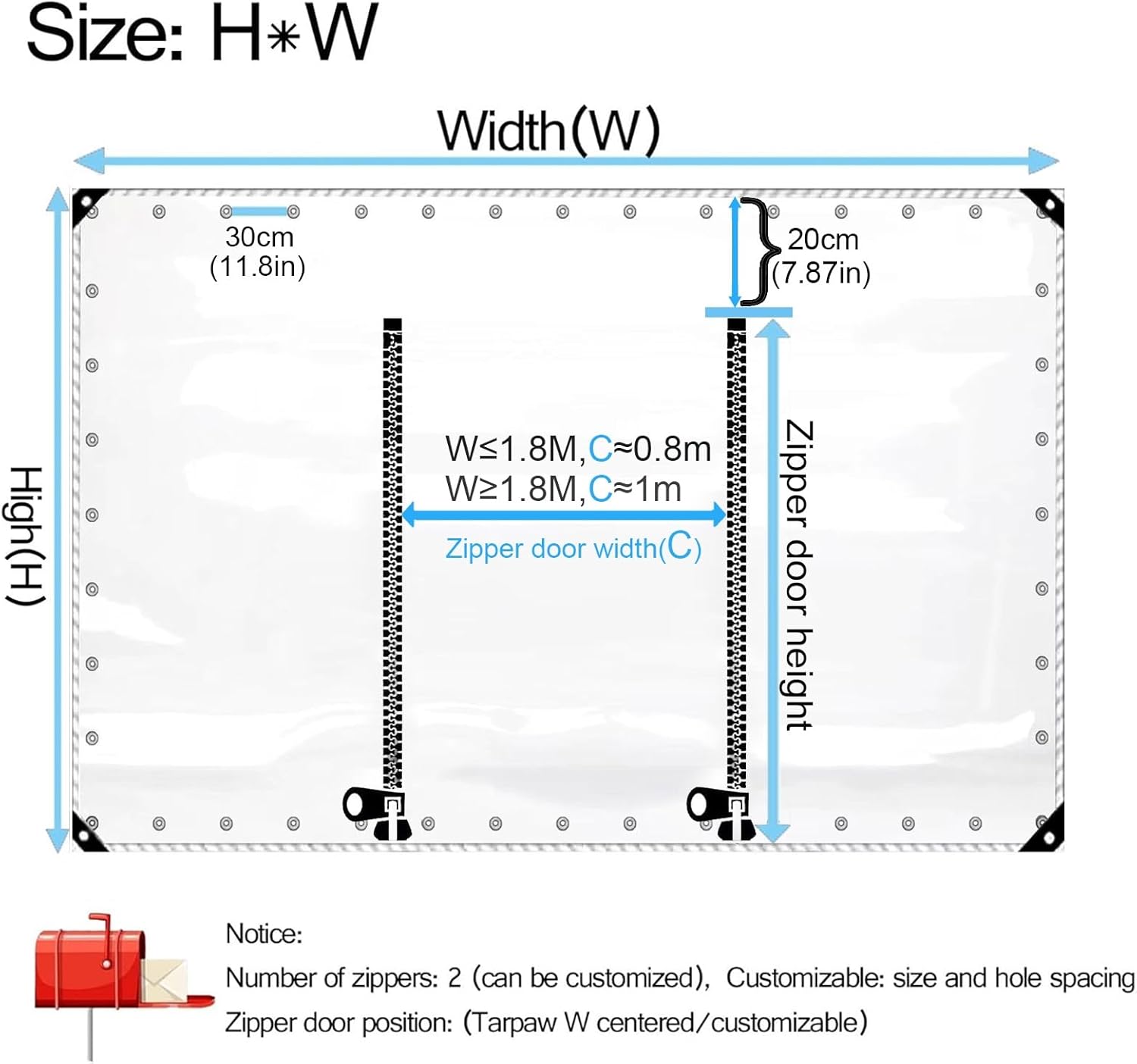 Transparente PVC Plane Seitenteil Mit Reissverschluss Tür, Mit Ösen, Outdoor Durchsichtige Plane Vorhänge,Pergola Terrasse Veranda Carport Pavillon wasserdichte Regenfest(H2.2xW3m/H7.2xW9.8ft)