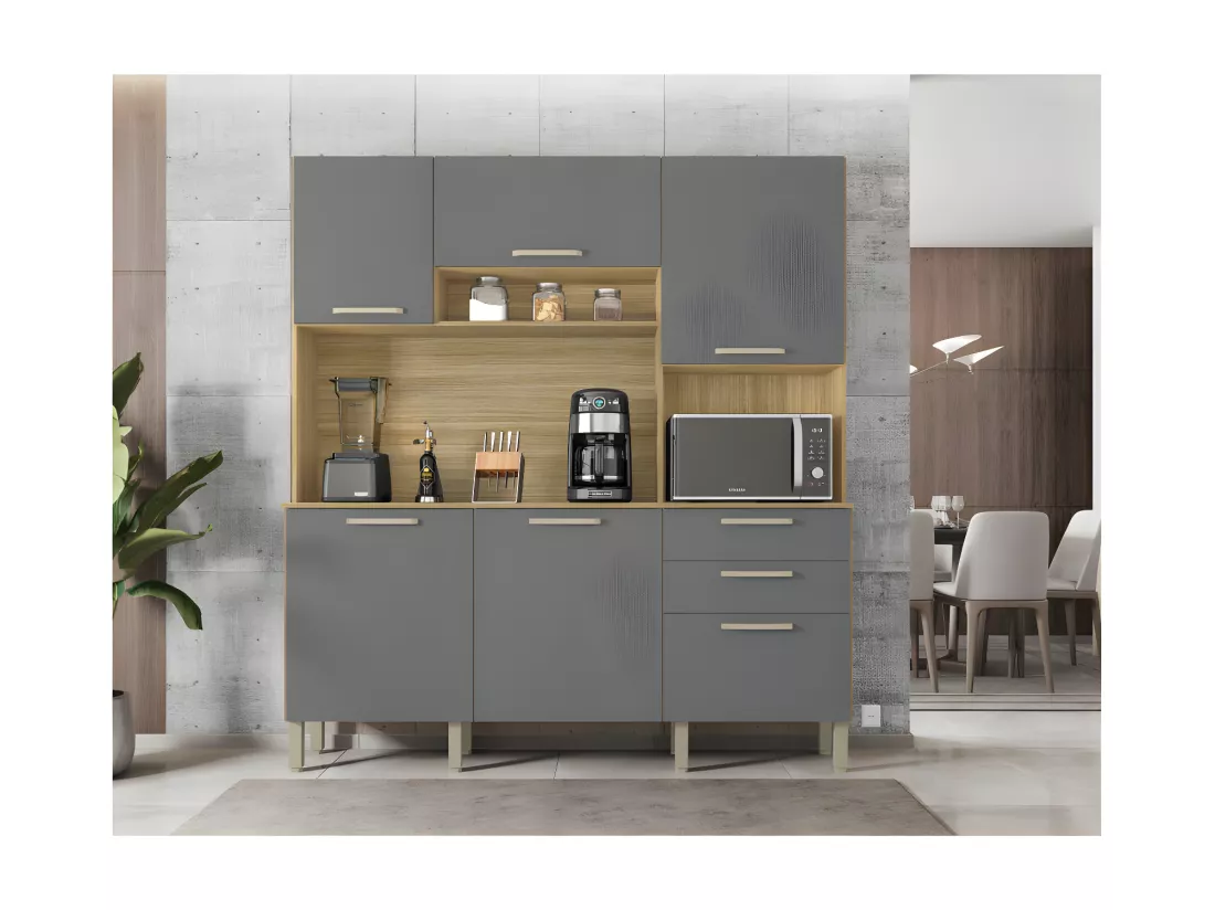 Buffet de Cuisine 6 Portes 2 Tiroirs Chêne et Gris L 180.2 H 198 P 38.8 cm