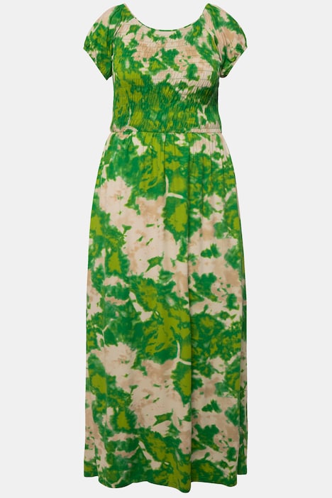 Jersey-Maxikleid, Alloverdruck, Runhdhals, gesmokte Büste, Halbarm