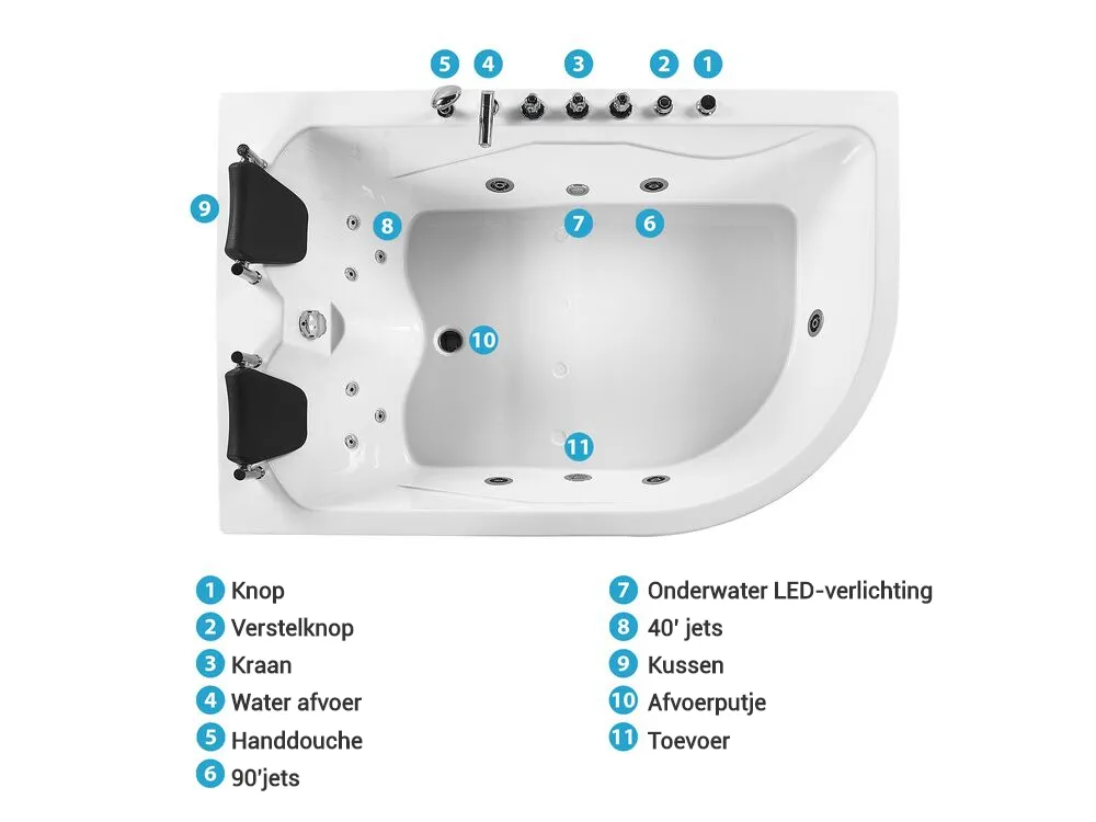 Hoek bubbelbad met LED CALAMA rechtszijdig 180 x 120 cm Wit