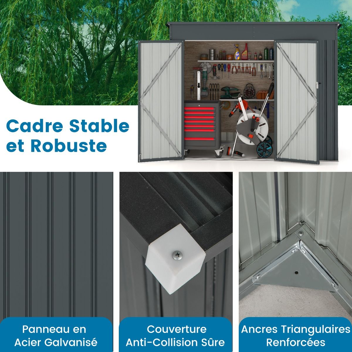 Abri de Jardin Extérieur Abri à Outils de Jardin avec 2 Portes Design Incliné Aérations Cadre en Métal Galvanisé 235x117x185cm Gris Foncé - Lidl-Manfred