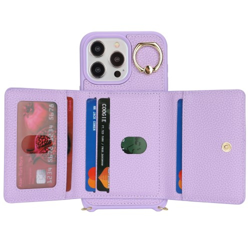 iPhone 14 Pro Necklace Leder Hülle mit Münzfach und Kartenfächer   Finger Griff Halterung   Handykette - Lila