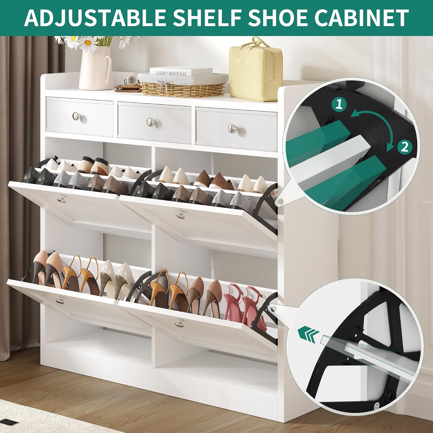 YITAHOME Schuhschrank, Schuhregal Schuhkipper Schmal, Schuhschrank Weiss mit 4 Klappen, Shoe Cabinet Schuhkommode schuhschrank mit Schublade für Eingangsbereich, Flur (Weiss)