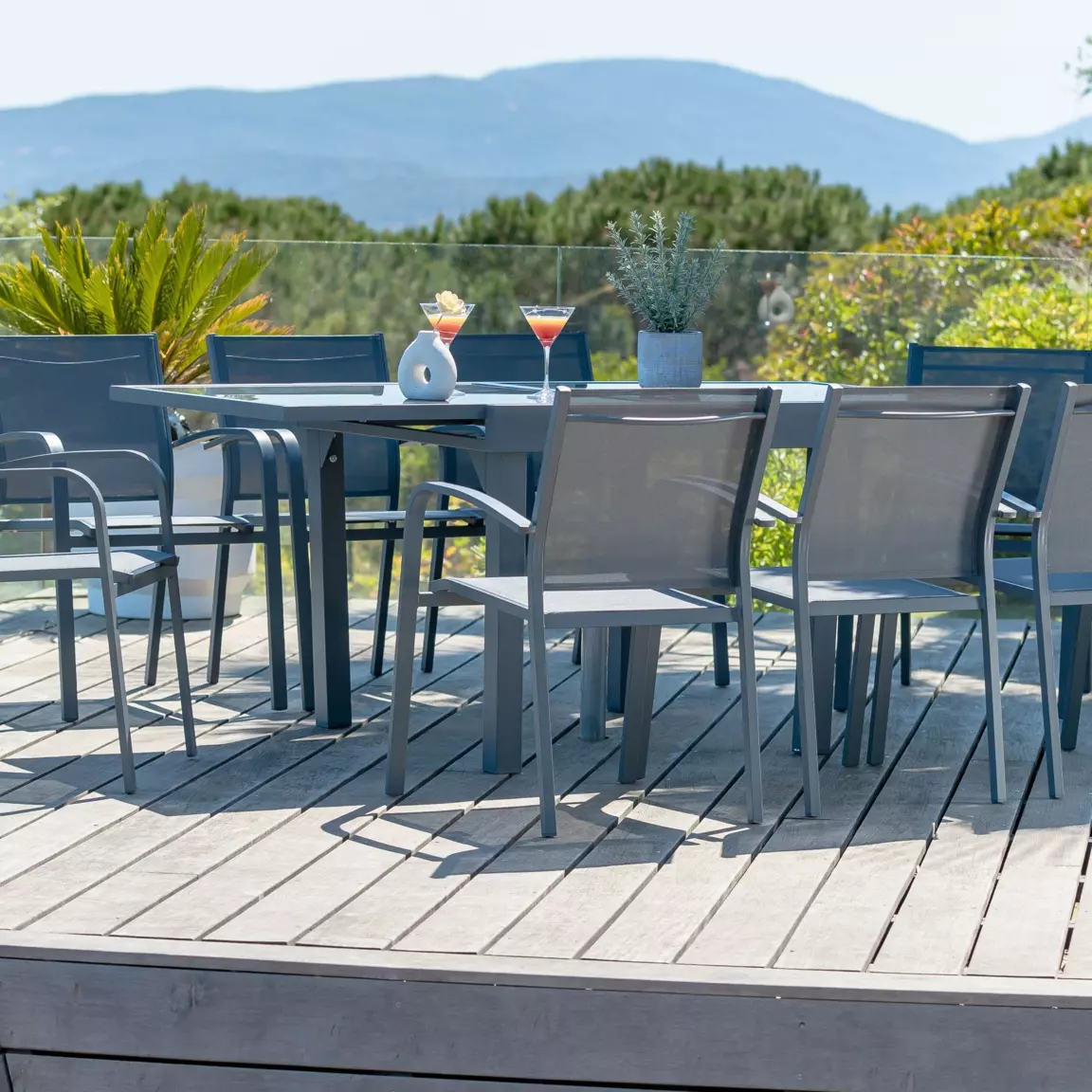 Table de jardin extensible en verre 8 places (90/180 x 90 cm) Murano Gris ardoise