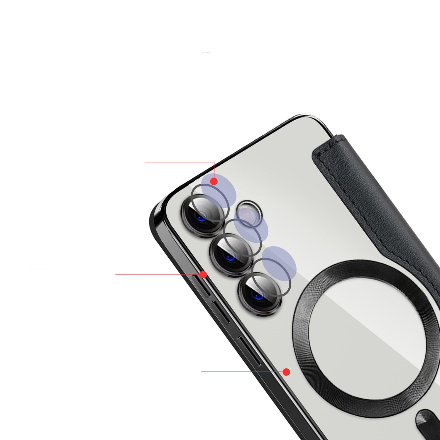 Samsung Galaxy S24 Hybrid Leder Tasche   Kunststoff Rückseite MagSafe-Modul - Schwarz / Transparent