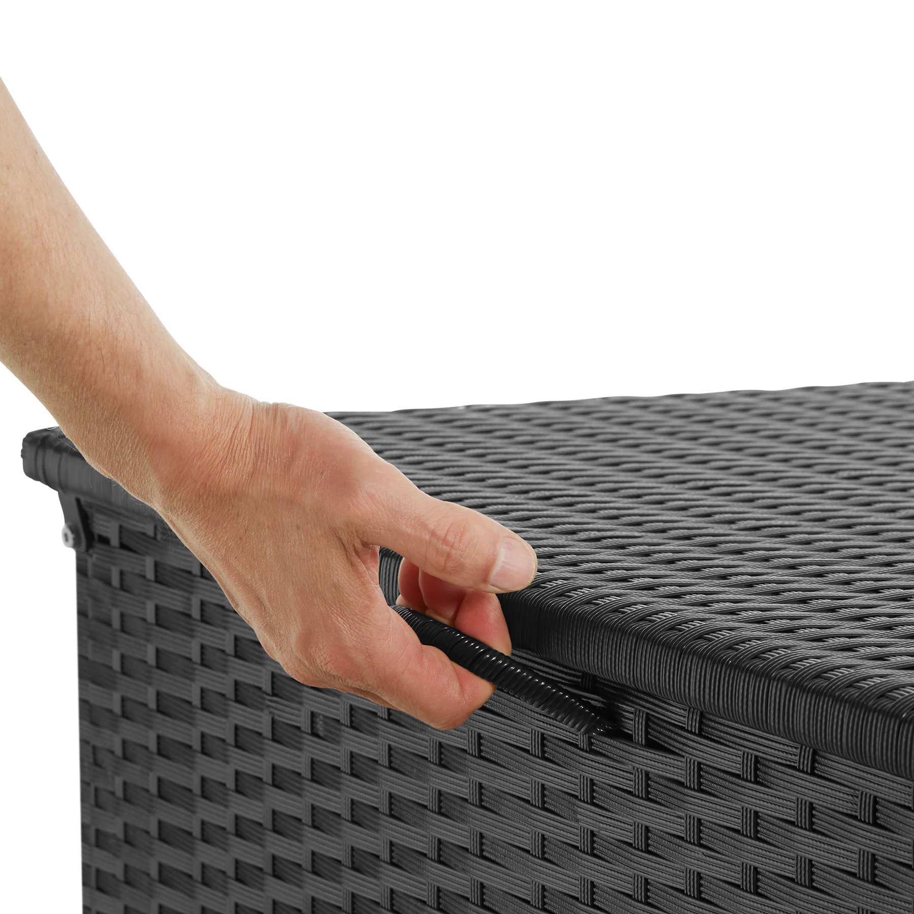 tectake® Auflagenbox, mit Aluminiumgestell und Rattangeflecht, komfortable Hubautomatik, 145 x 82,5 x 79,5 cm