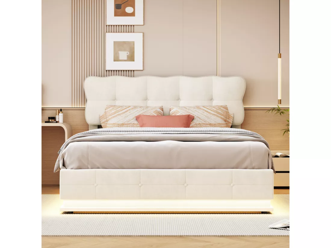 Lit coffre 160x200cm avec rangements, tissu velours, cadre de lit avec tête de lit, éclairage LED, sommier à lattes, lit hydraulique multifonction, lit adulte style moderne, Beige