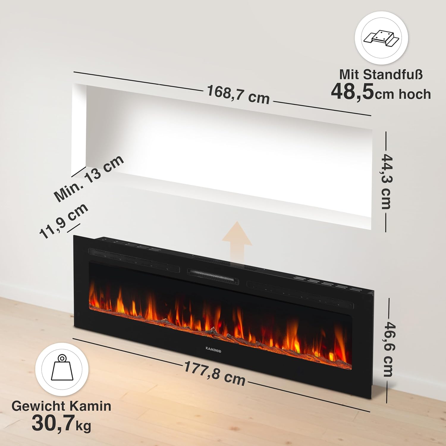 Elektrokamin Marlon - Elektrischer 3-in-1 Kamin mit Heizung, 3D-Flammeneffekt, 12 Flammenfarben, Fernbedienung (70 Zoll)
