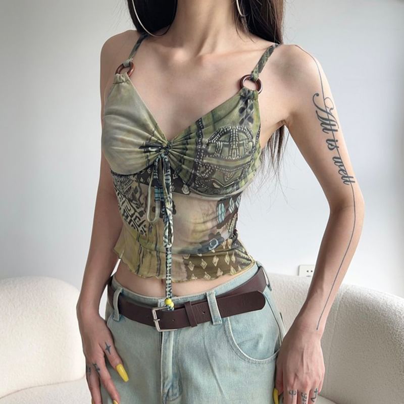 PolkaBella - V-hals camisole top met trekkoord en patroon