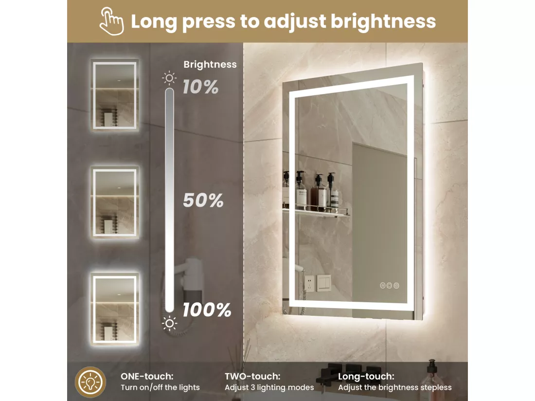 LED Miroir Lumineux Loupe+Tricolore + Anti-buée 90x60cm Salle de Bain Dimmable,Mémoire,Tactile