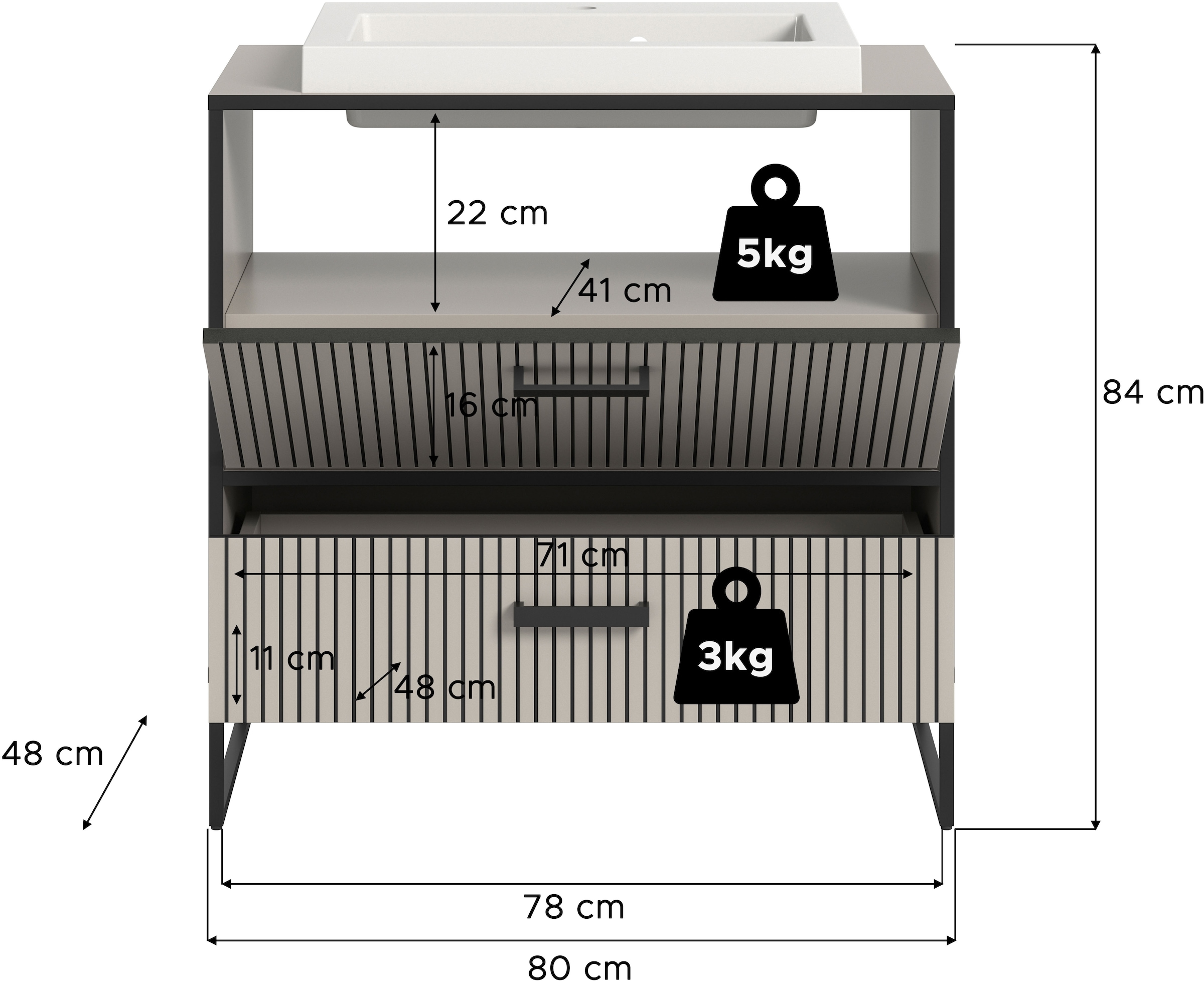 welltime Waschbeckenunterschrank »Locri, Höhe 84 cm, Rillenoptik, Metallkufen« 2 Stk. tlg. Aufsatzwaschbecken, modernes Design, Unterschrank, Badschrank, Bad