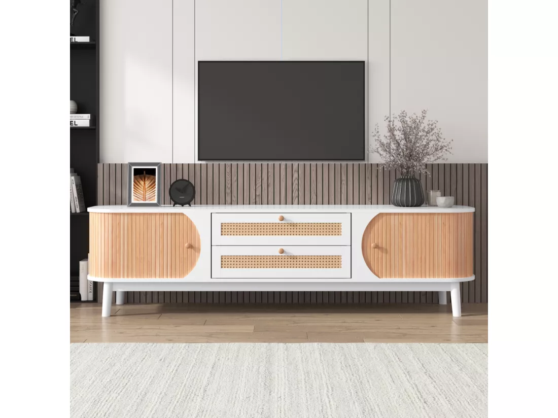 Meuble TV 170x39.5x46cm - Meuble TV en bois avec portes et tiroirs en rotin style maison de campagne pour rangement - blanc