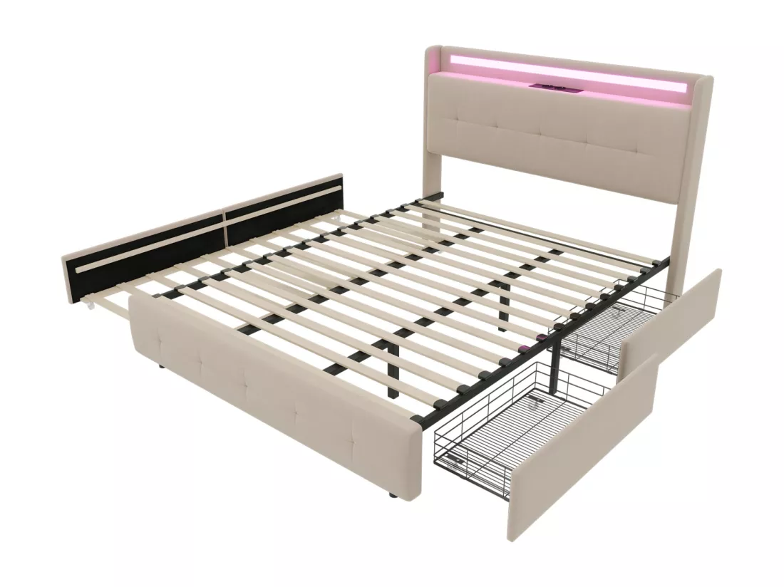 Lit double rembourré 140x200 cm Lit adulte avec lit gigogne éclairage LED 2 tiroirs ports USB et sommier à lattes - beige