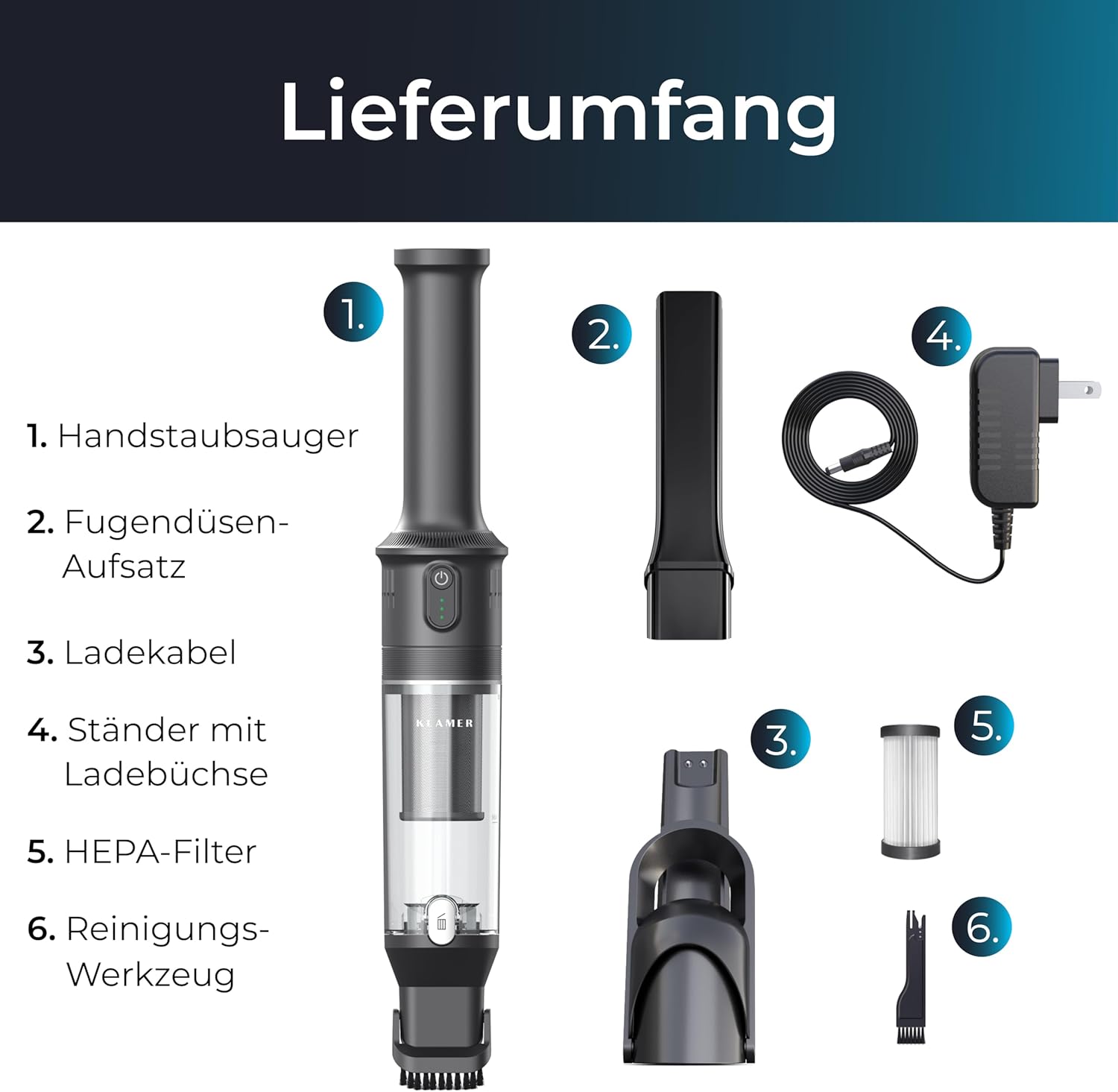 KLAMER Handstaubsauger, 140W Akku Handstaubsauger, Leistungsstark mit 16.000 PA und 36 min Laufzeit, Kabelloser Handstaubsauger inkl. Ladestation für Büro, Haus & Auto, beutellos