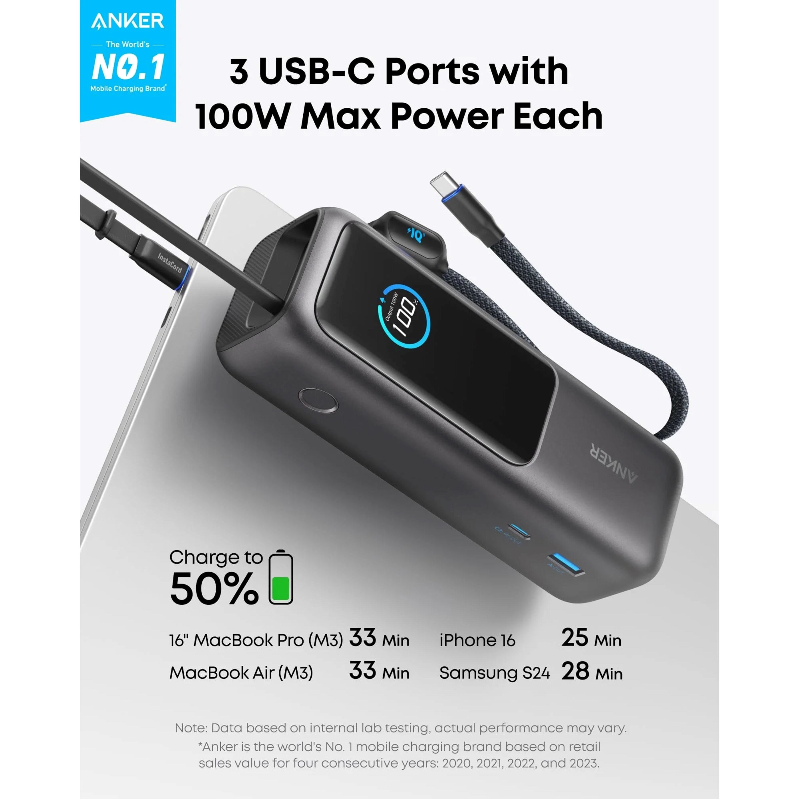 Anker Powerbank 165 W 25000 mAh med kabler