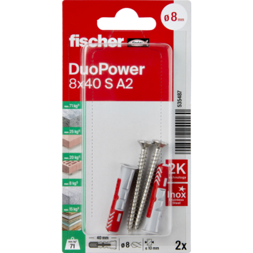 Fischer Universeelplug DuoPower 8x40mm met RVS schroef 2 stuks