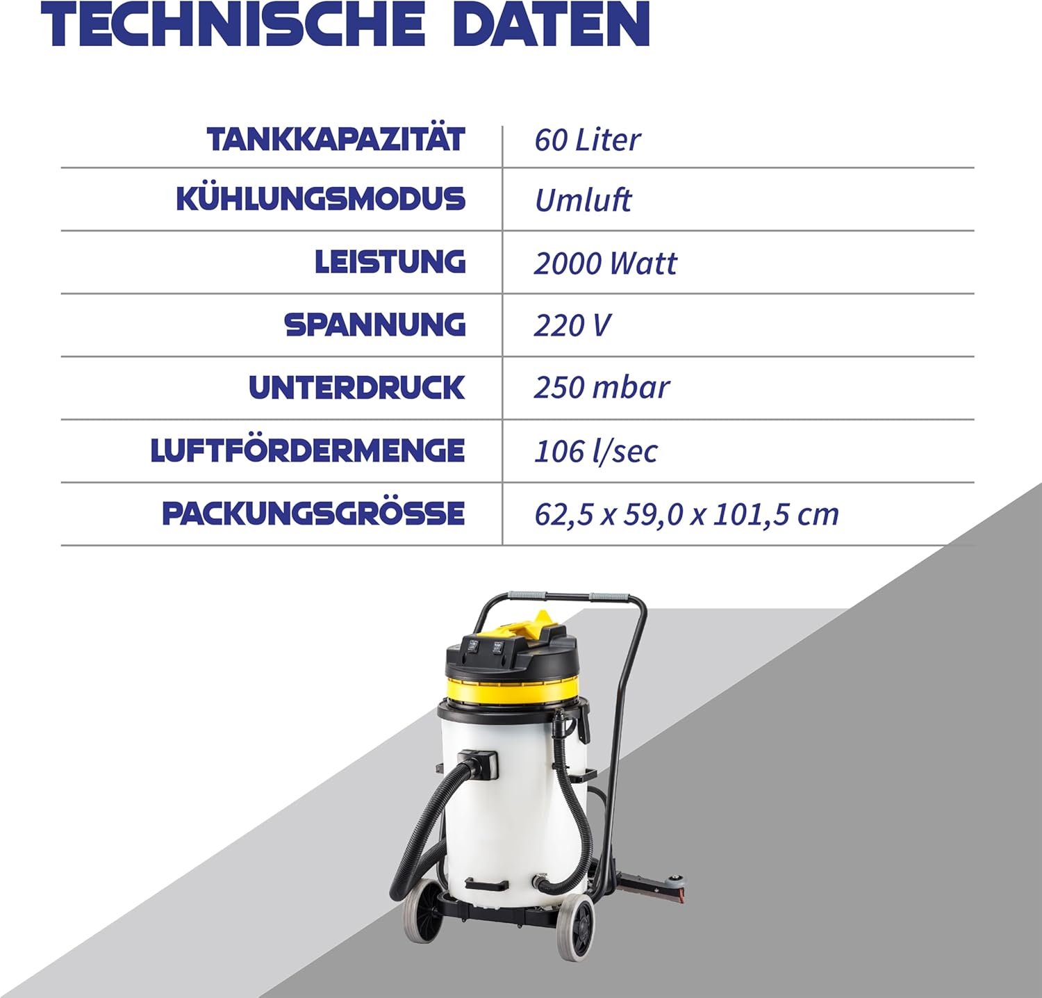 Nass und Trockensauger HL 60SB – Industriesauger, leistungsstarkes Saugsystem mit 2x1000W Motoren, 60L Fassungsvermögen, Schlauch & Wassersaugdüse - Reinigungsmaschine Boden