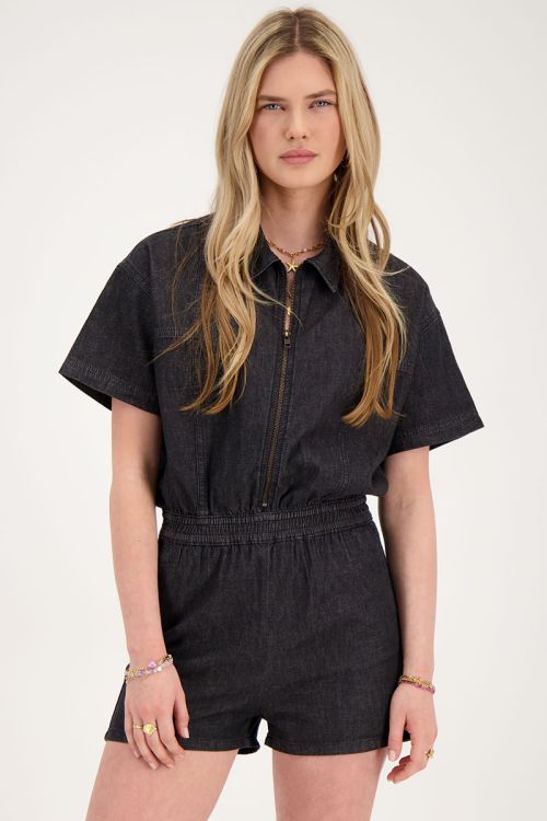 Zwarte denim playsuit met rits