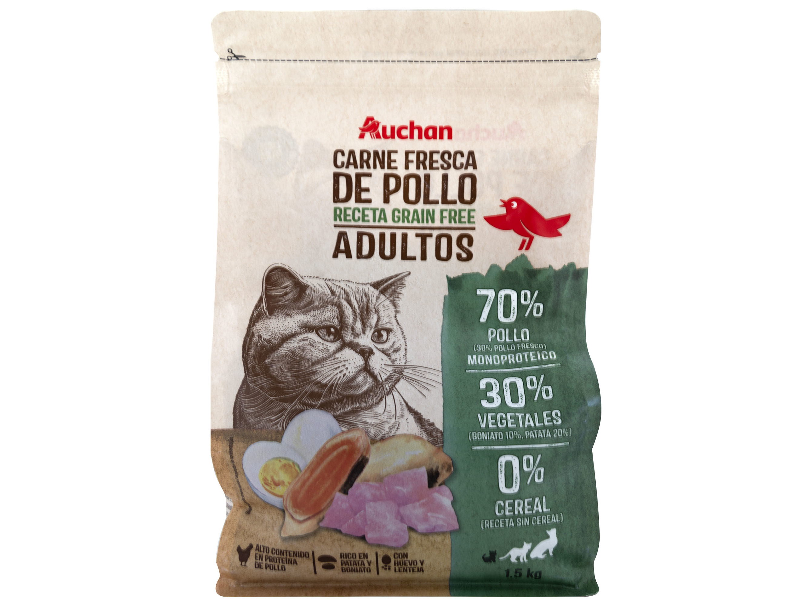 RAÇÃO PARA GATO AUCHAN GRAIN FREE FRANGO FRESCO 1.5KG