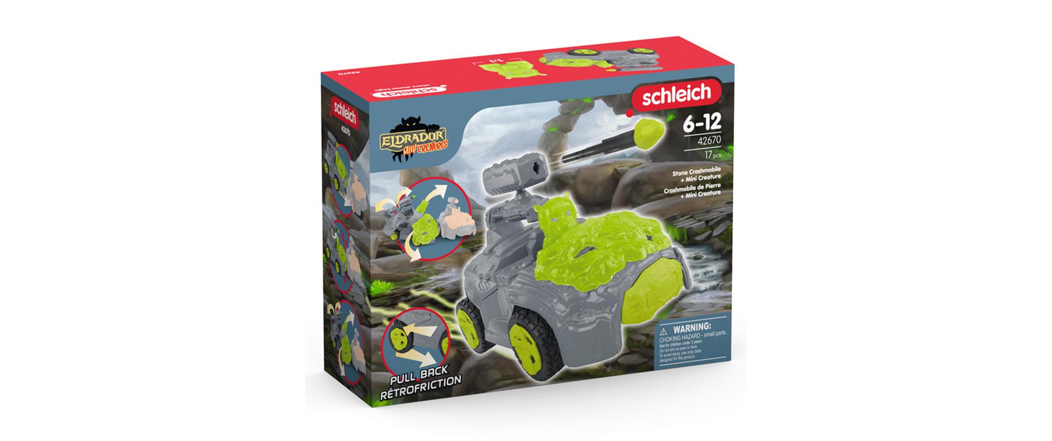 Spielfigurenset Stein-Crashmobil mit Mini CreatureFahrzeug mit Rückziehmotor und schwenkbarer Schusswaffe