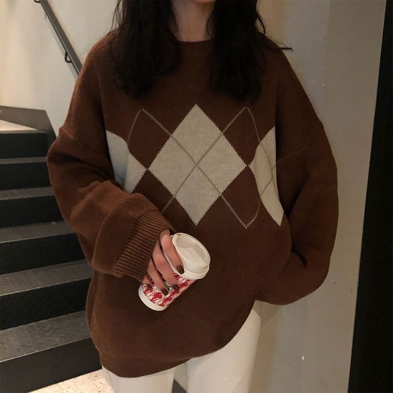 Sensarra - Argyle Oversized Trui met Ronde Hals