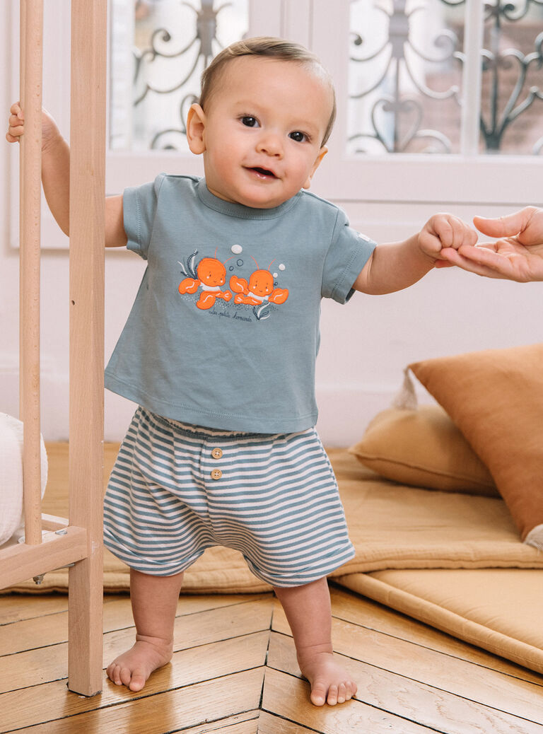 Body, short et bavoir bleus à imprimé à rayures et à motif homards