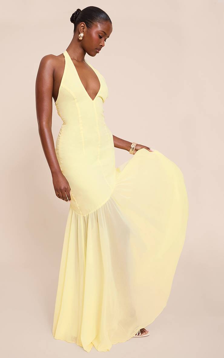 Citron Robe Longue En Mousseline Col Licou Taille Basse