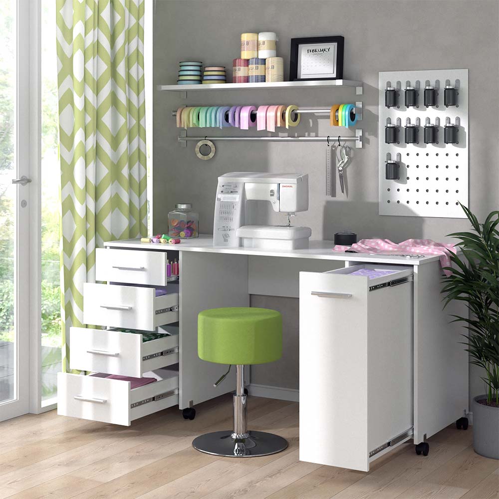 Vicco Nähtisch Verona auf Rollen 148x75x60cm weiß, Basteltisch mit 4 Schubladen