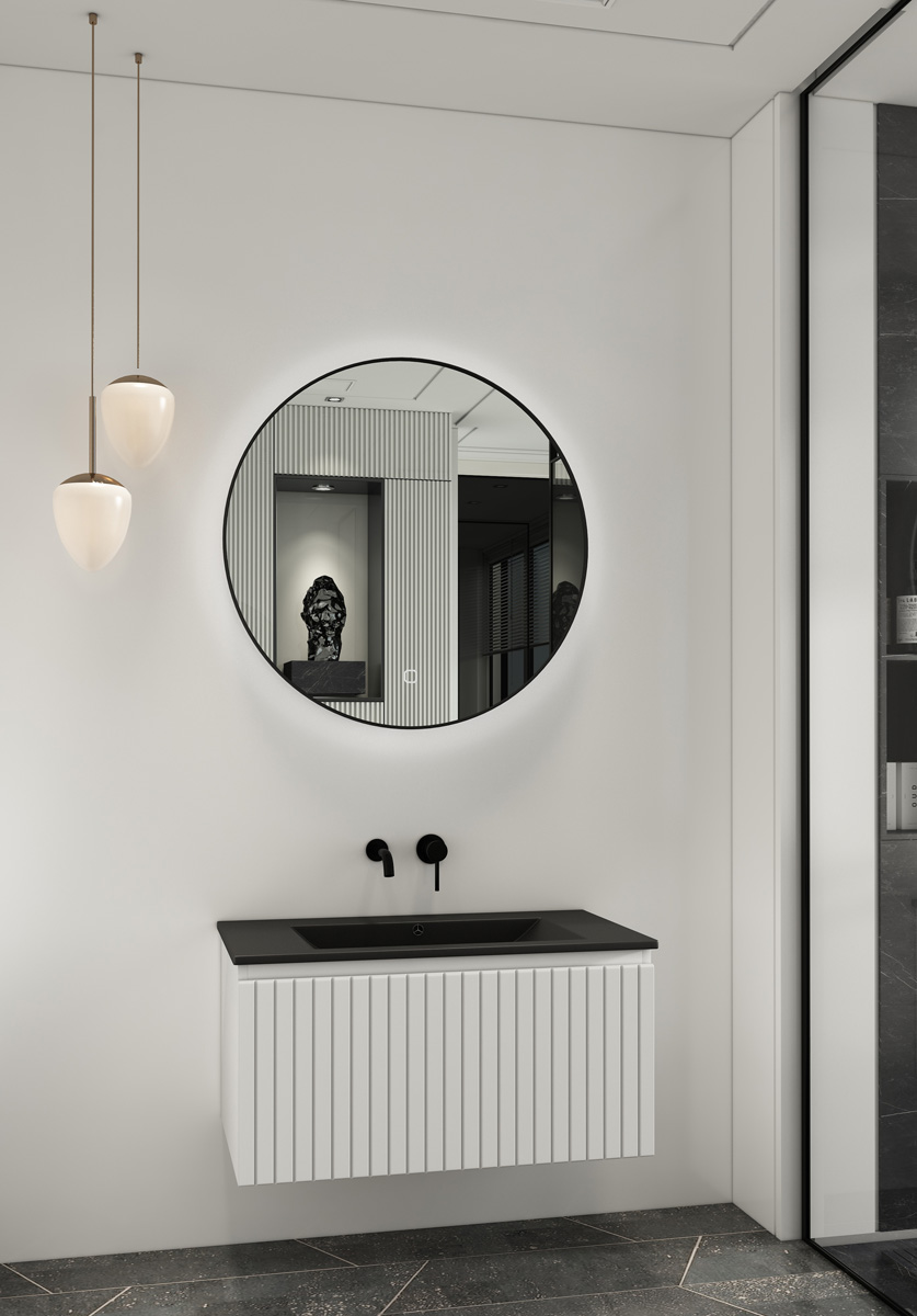 Fontana Lento wit badkamermeubel ribbelfront met zwarte wastafel 80cm zonder kraangat